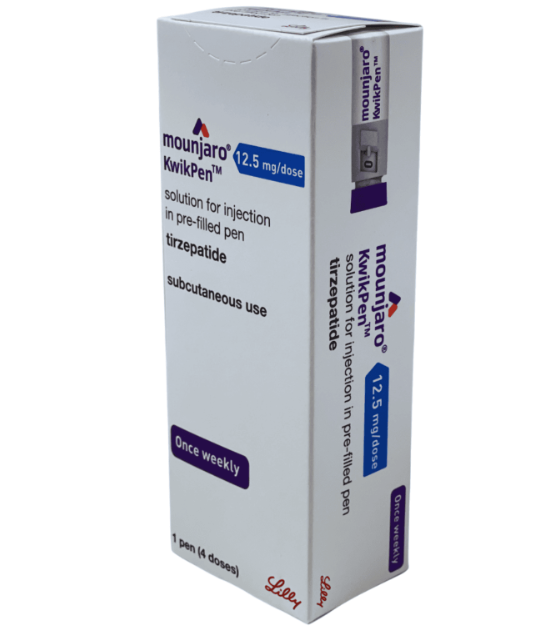 Box of Mounjaro KwikPen injection pen on a white background