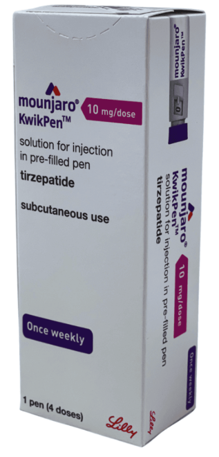 Mounjaro KwikPen packaging with pen and syringe illustration on a white background