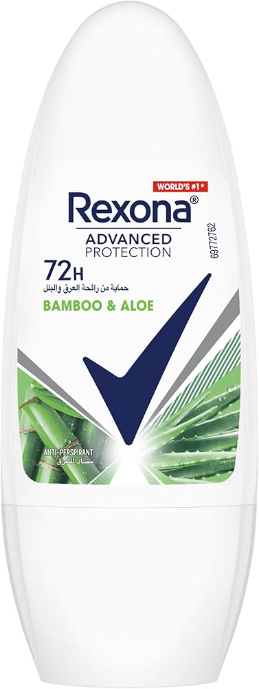 Rexona deodorant roll-on with bamboo and aloe vera ingredients on a white background