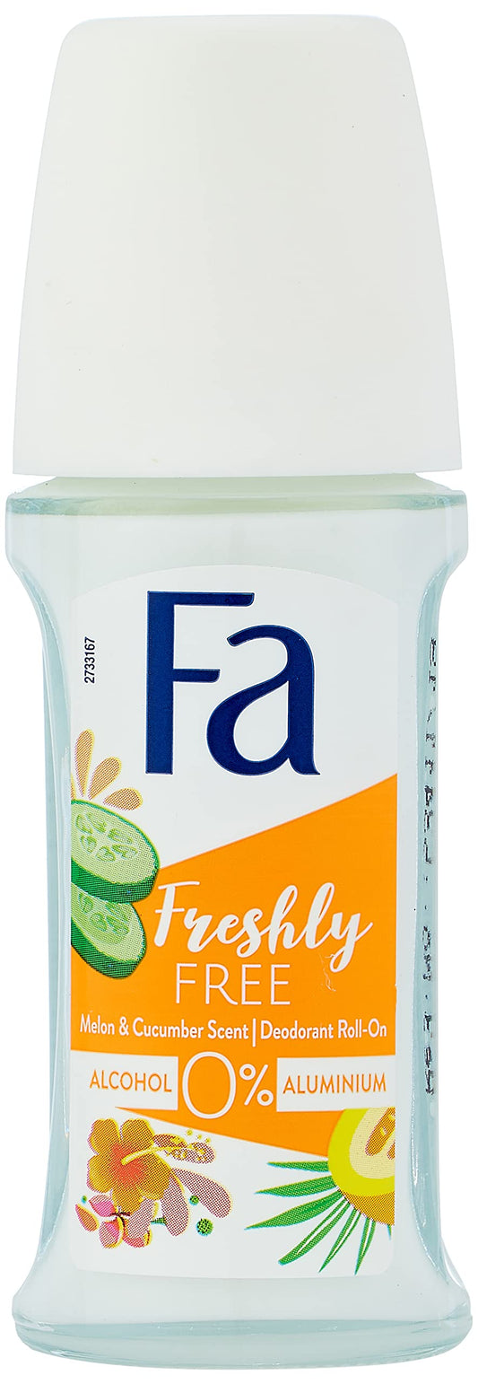 Fa Freshly Free deodorant bottle with cucumber and watermelon flavors on a white background