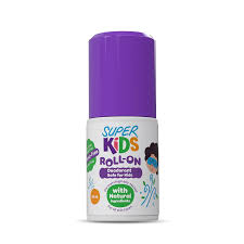 Purple roll-on bottle labeled 'Super Kids' on a white background